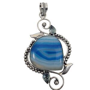 Handmade Blue Agate Pendant with Sterling Silver and Sky Blue Topaz Accents